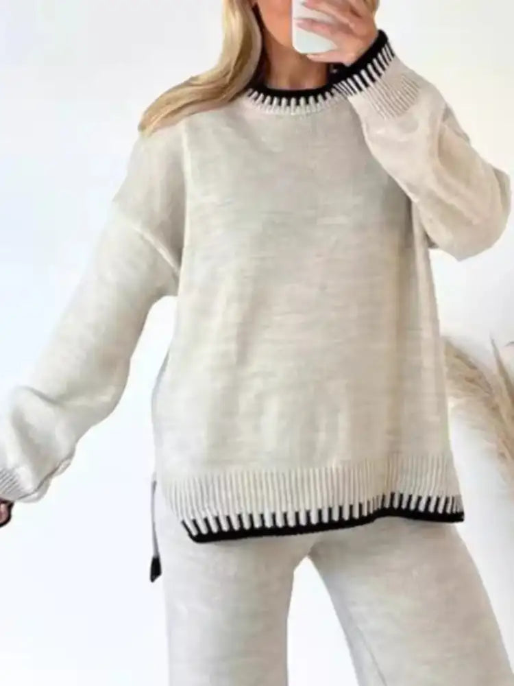 Contrast Trim Round Neck Top and Pants Sweater Set