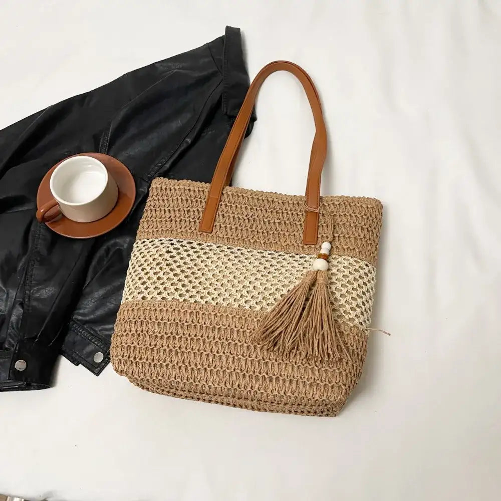 Contrast Woven Straw Beach Tote Bag with Tassel Detail