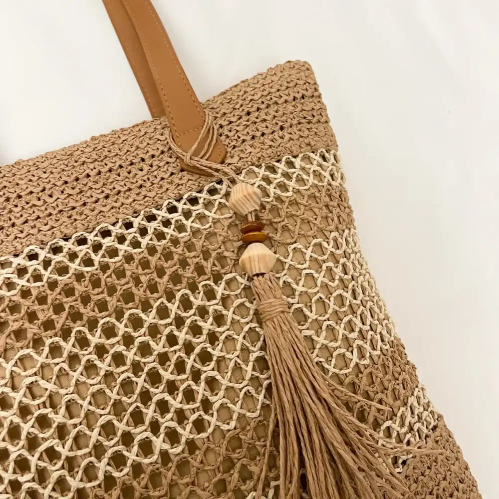 Contrast Woven Straw Beach Tote Bag with Tassel Detail