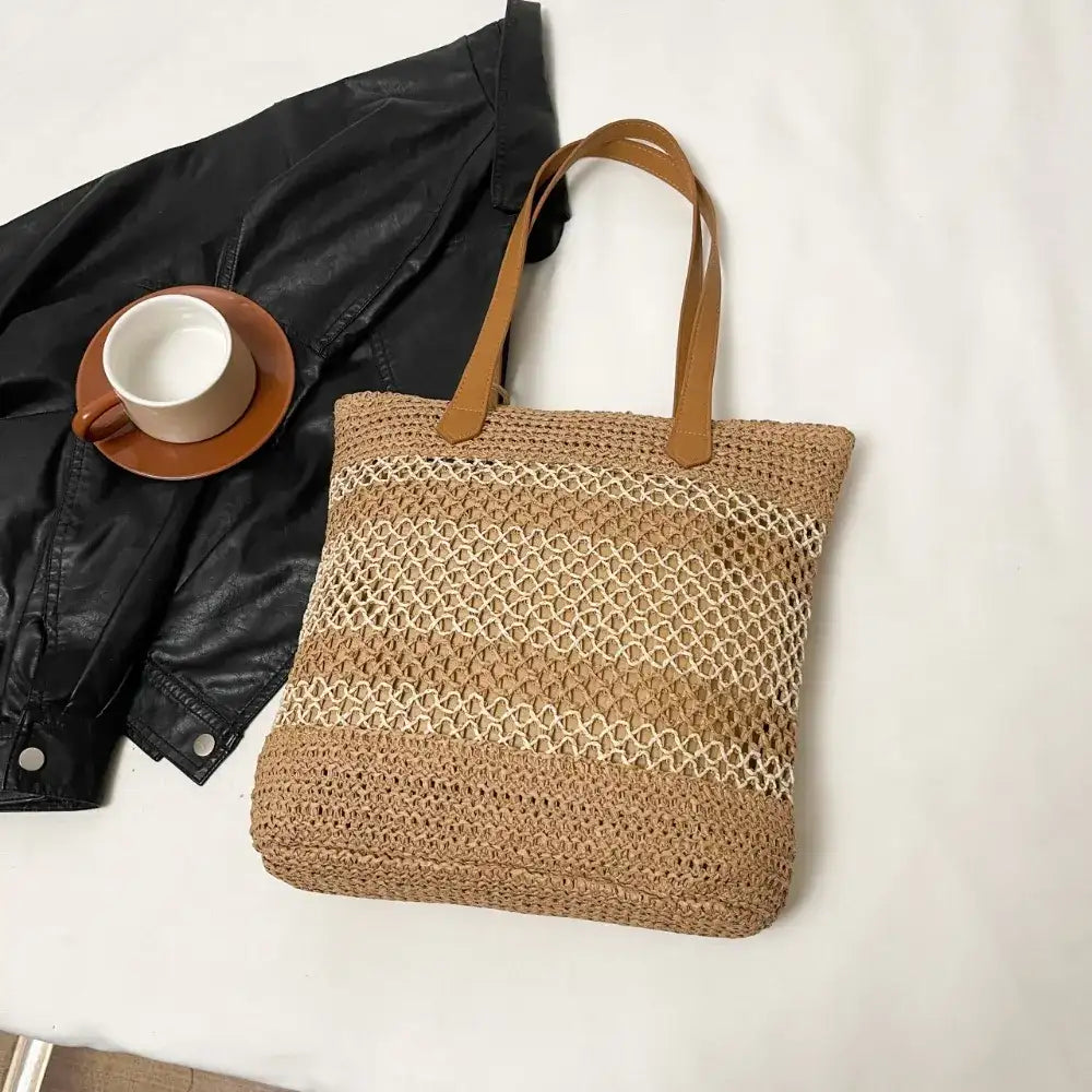 Contrast Woven Straw Beach Tote Bag with Tassel Detail