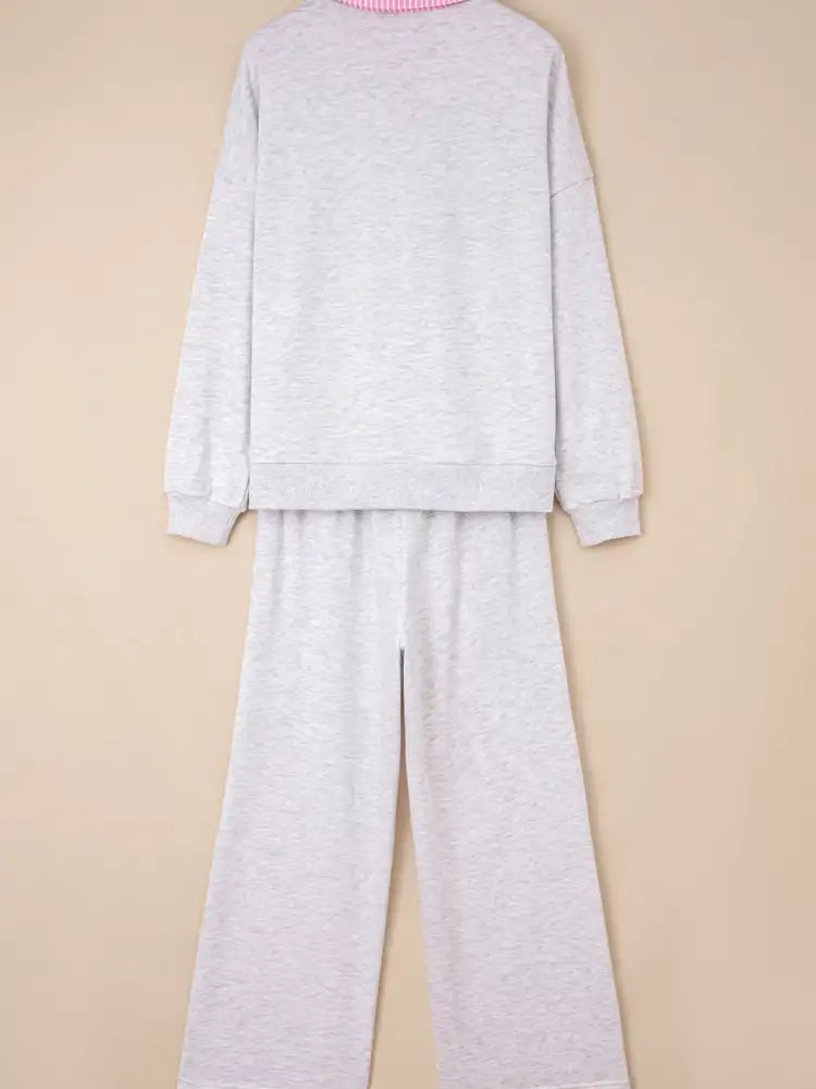 Contrasted Trim Frilled Collar Drop Shoulder Top and Drawstring Pant Set