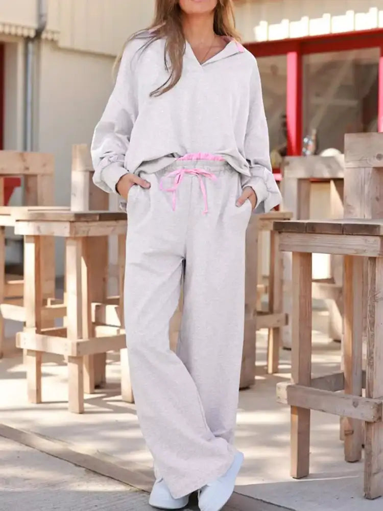 Contrasted Trim Frilled Collar Drop Shoulder Top and Drawstring Pant Set