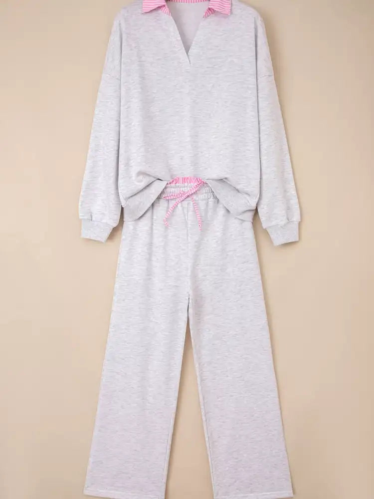 Contrasted Trim Frilled Collar Drop Shoulder Top and Drawstring Pant Set