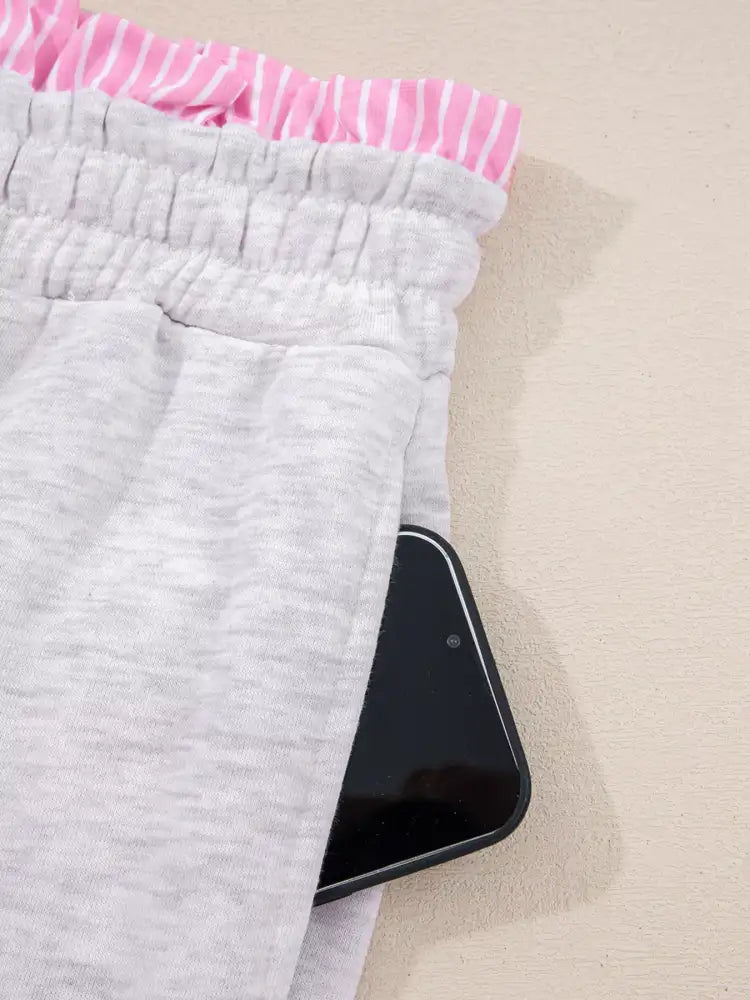 Contrasted Trim Frilled Collar Drop Shoulder Top and Drawstring Pant Set