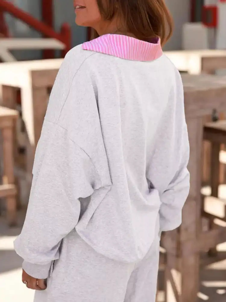 Contrasted Trim Frilled Collar Drop Shoulder Top and Drawstring Pant Set