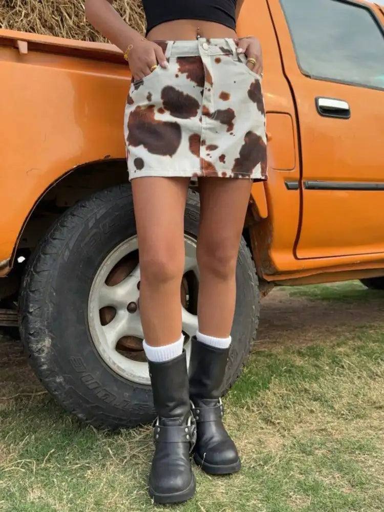 Cow Print Denim Mini Skirt