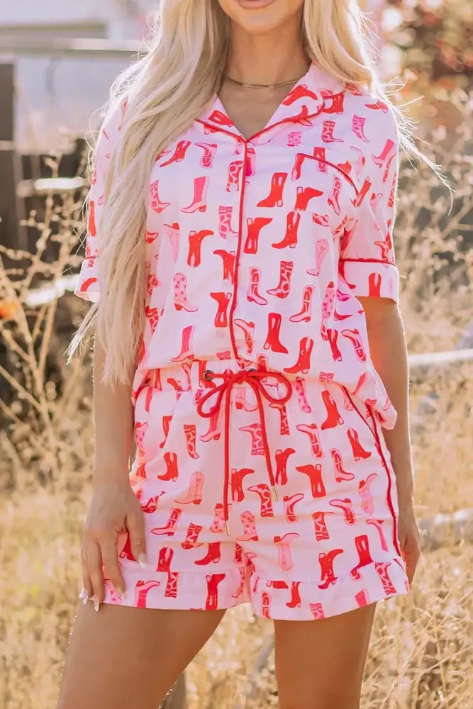 Cowgirl Boots Printed Shirt and Shorts Set