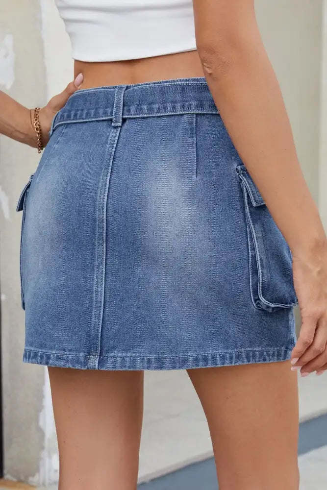 Criss-Cross Waist Detail Denim Mini Skirt
