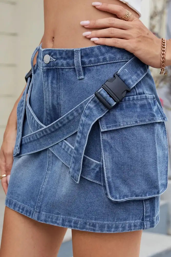 Criss-Cross Waist Detail Denim Mini Skirt