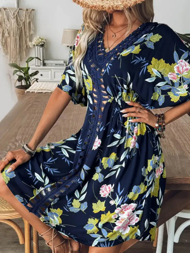 Crochet Front V-Neck Printed Cover-Up