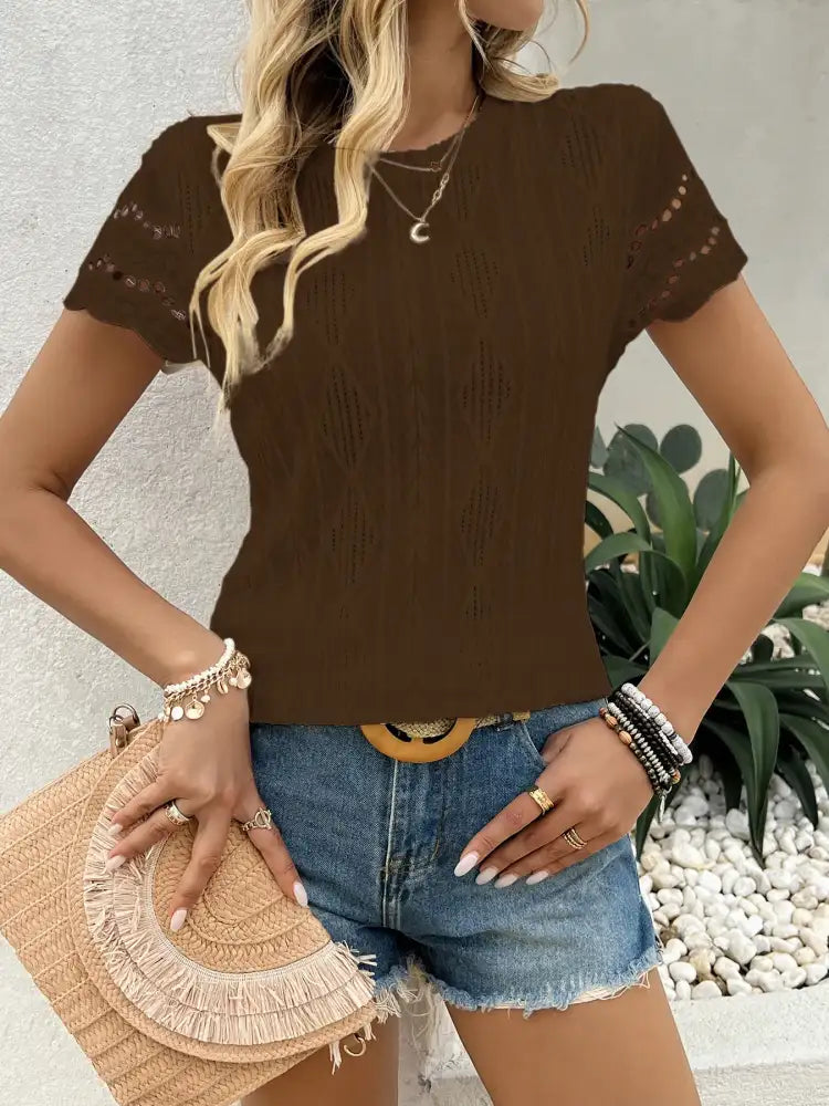 Crochet Lace Short Sleeve T-Shirt