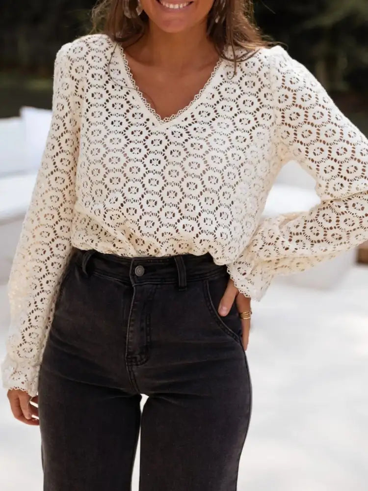 Crochet Lace V-Neck Long Sleeve Blouse