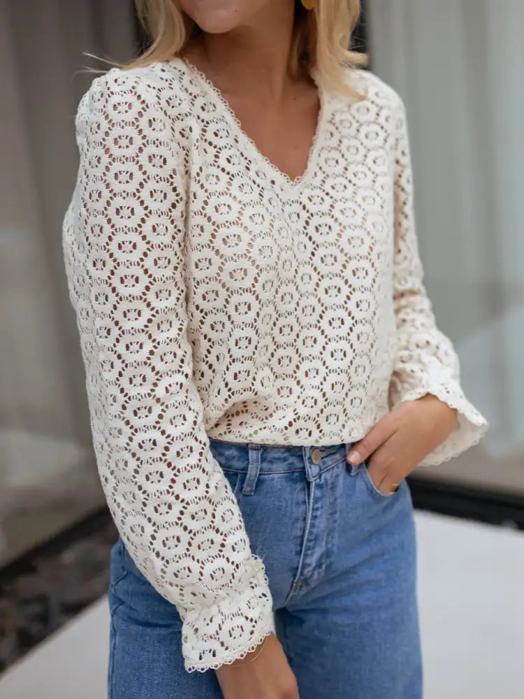 Crochet Lace V-Neck Long Sleeve Blouse