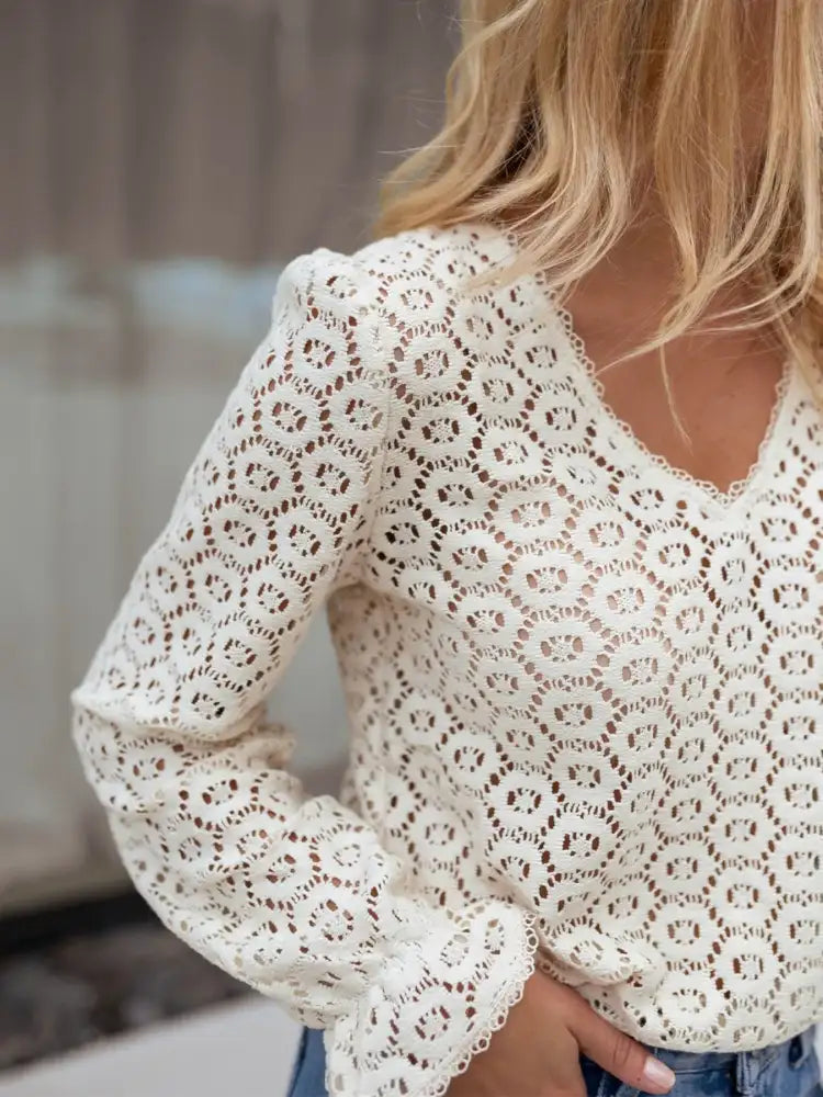 Crochet Lace V-Neck Long Sleeve Blouse