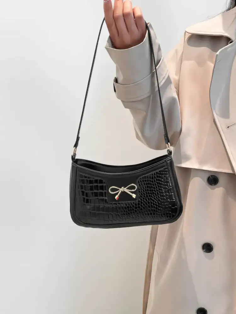 Crocodile Pattern Shoulder Bag with Bow Detail