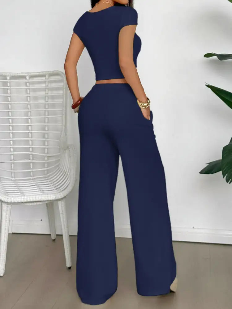 Cutout Short Sleeve Top and Pants Set