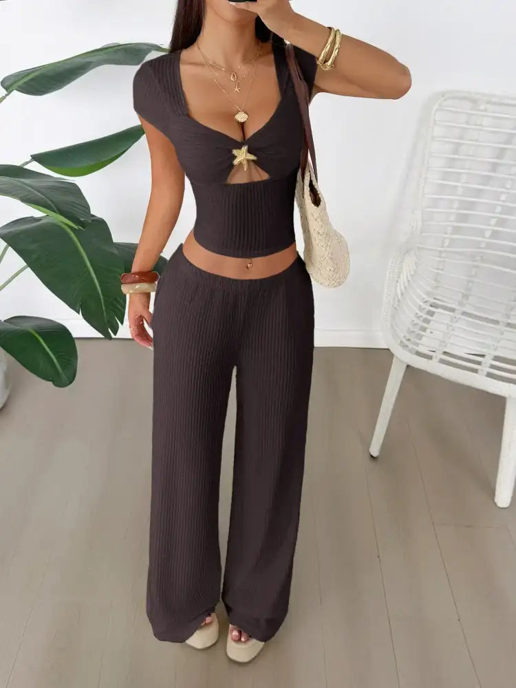 Cutout Short Sleeve Top and Pants Set