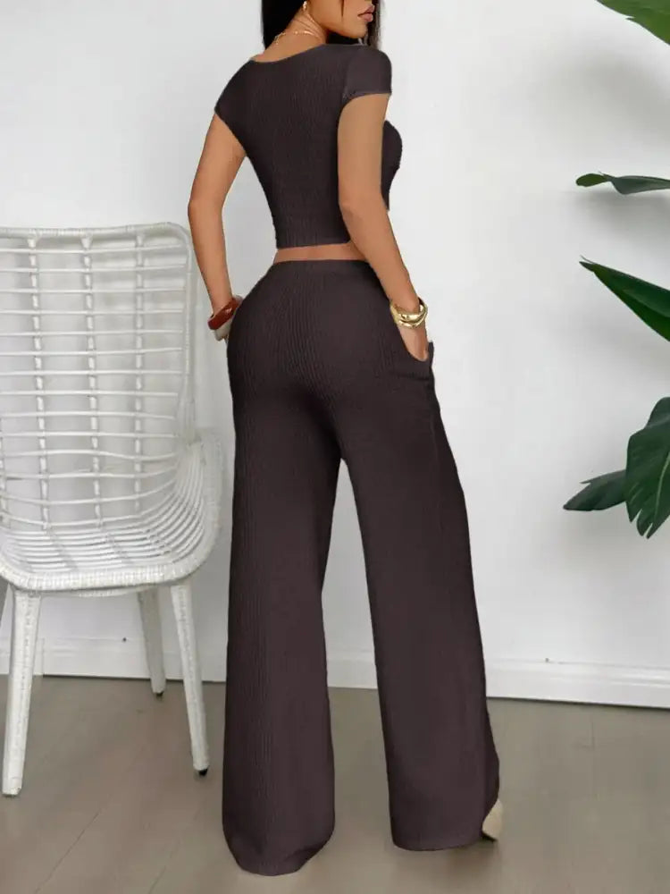 Cutout Short Sleeve Top and Pants Set