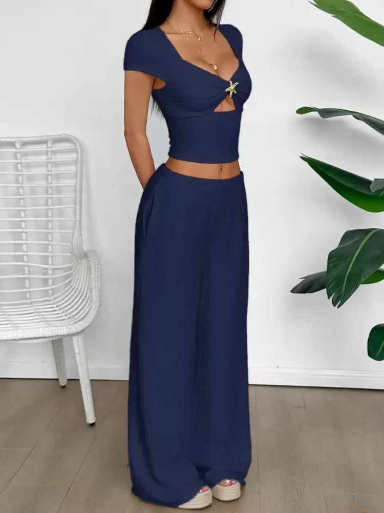 Cutout Short Sleeve Top and Pants Set