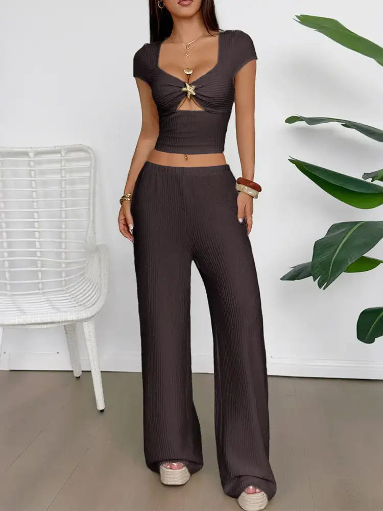 Cutout Short Sleeve Top and Pants Set