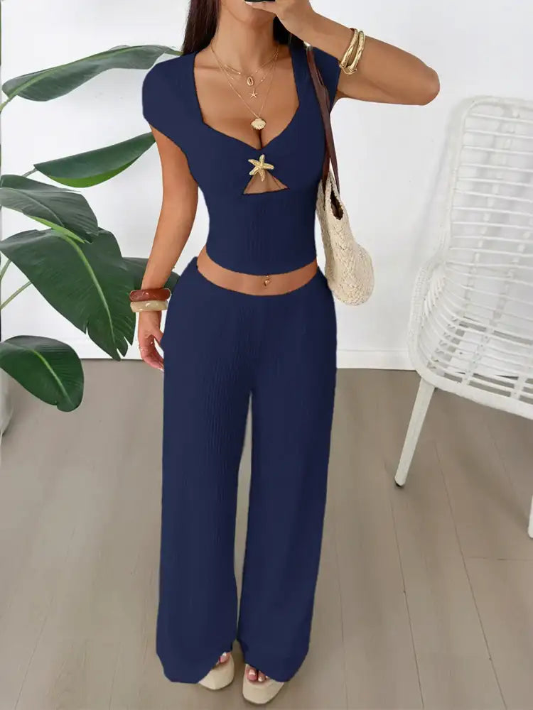 Cutout Short Sleeve Top and Pants Set