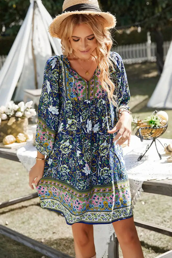 Devine Bohemian Tie Neck Balloon Sleeve Dress
