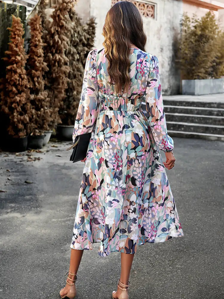Devine Printed V-Neck Long Sleeve Midi Dress