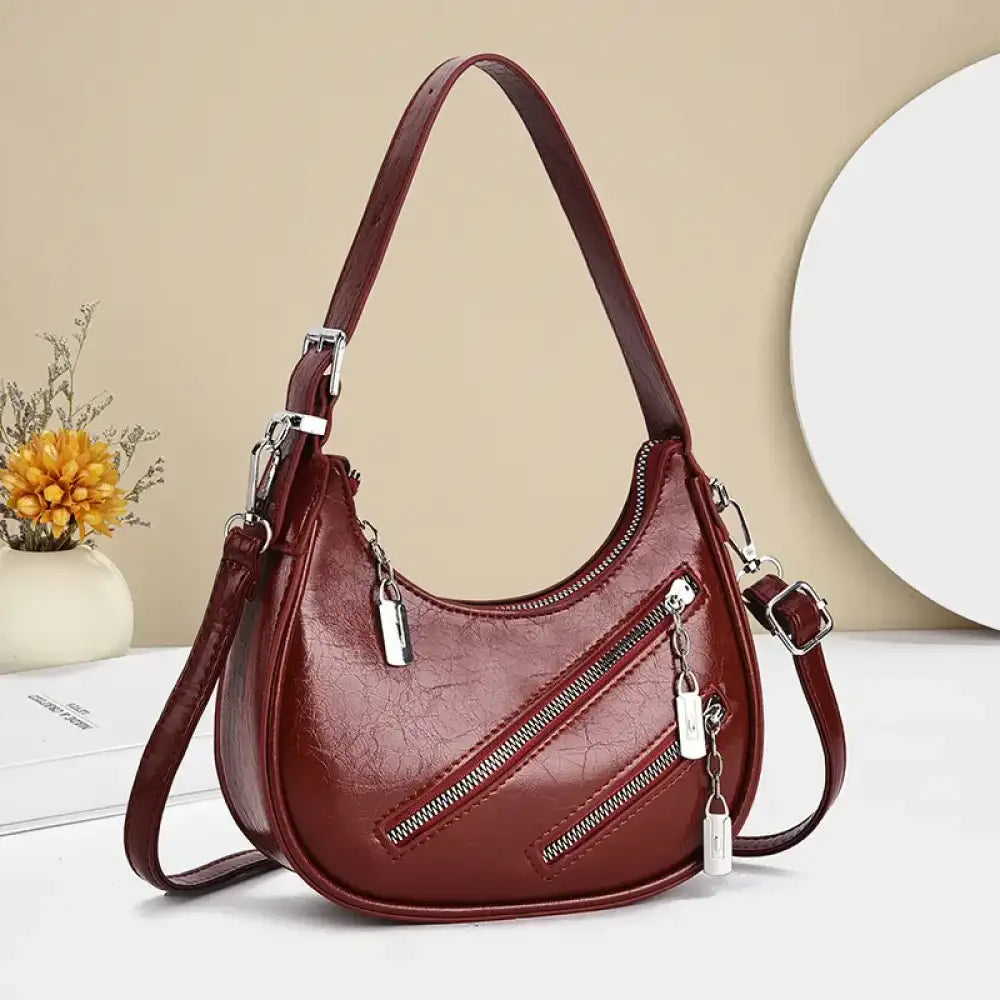 Diagonal Zipper Leather Shoulder Bag