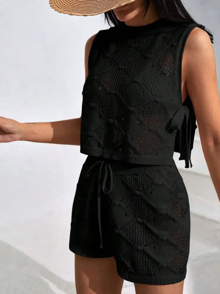 Diamond Pattern Sleeveless Top and Shorts Knit Set