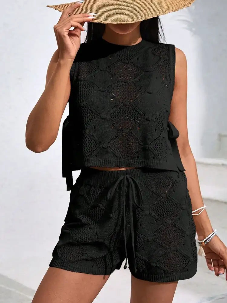 Diamond Pattern Sleeveless Top and Shorts Knit Set