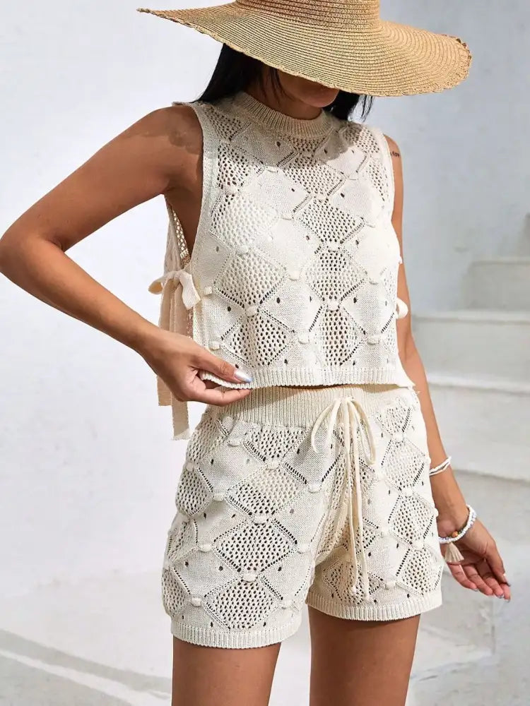Diamond Pattern Sleeveless Top and Shorts Knit Set