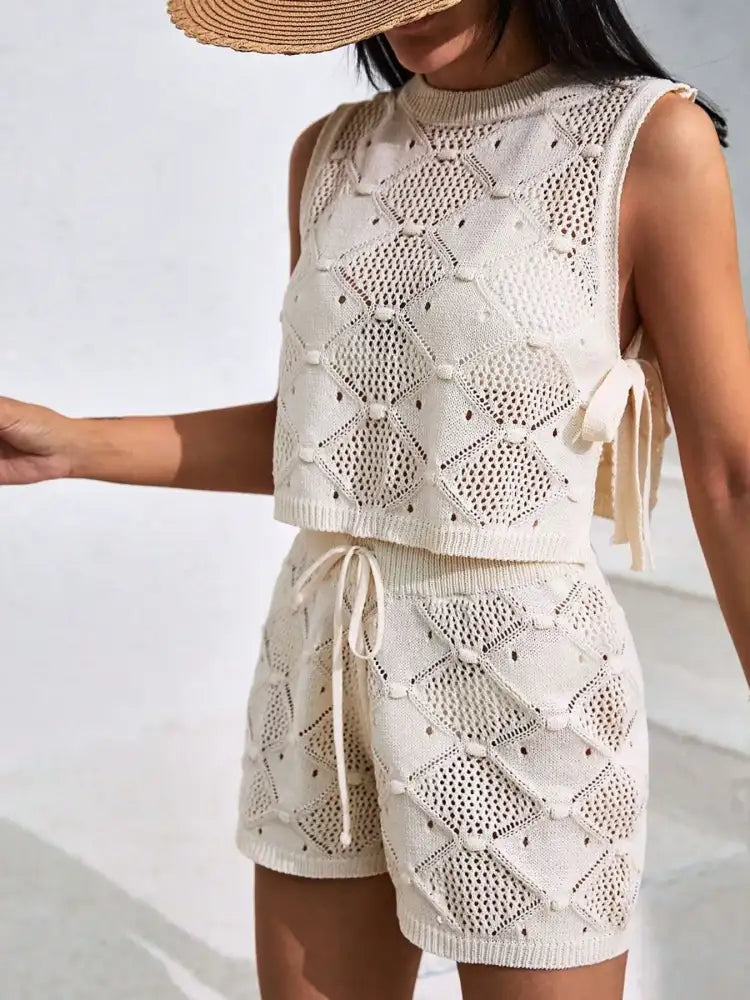 Diamond Pattern Sleeveless Top and Shorts Knit Set