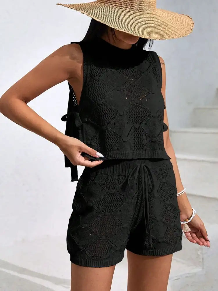 Diamond Pattern Sleeveless Top and Shorts Knit Set