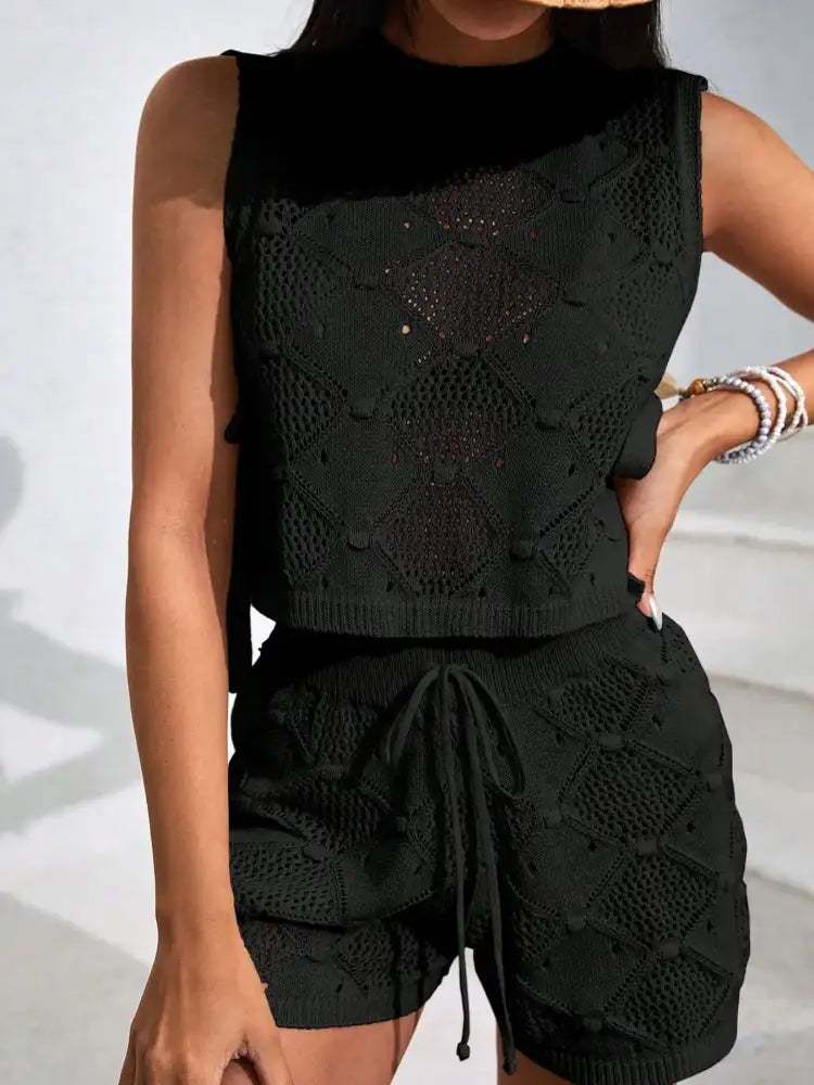 Diamond Pattern Sleeveless Top and Shorts Knit Set
