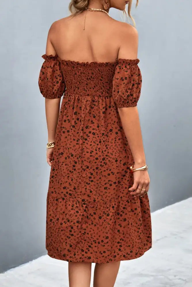 Ditsy Floral Smocked Frill Trim Off-Shoulder Dress