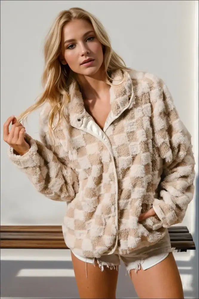 Double Take Checkered Long Sleeve Fuzzy Jacket