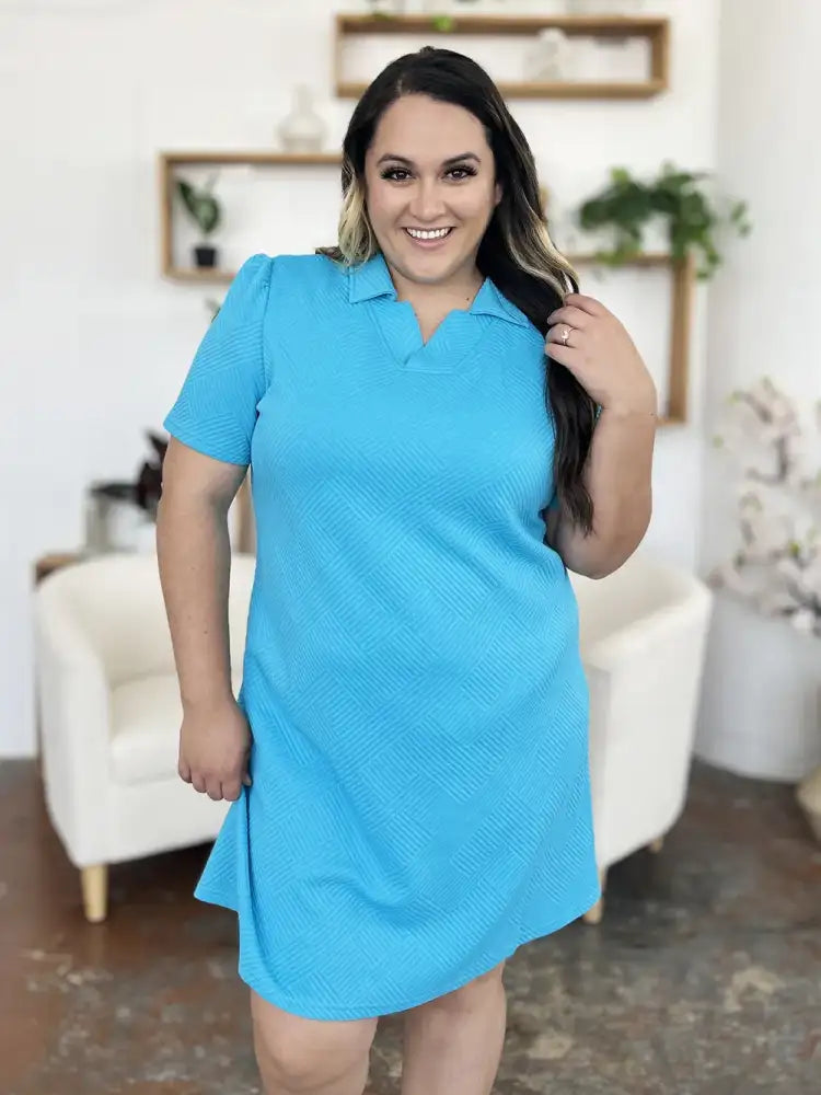 Double Take Full Size Texture Collared Neck Short Sleeve Dress