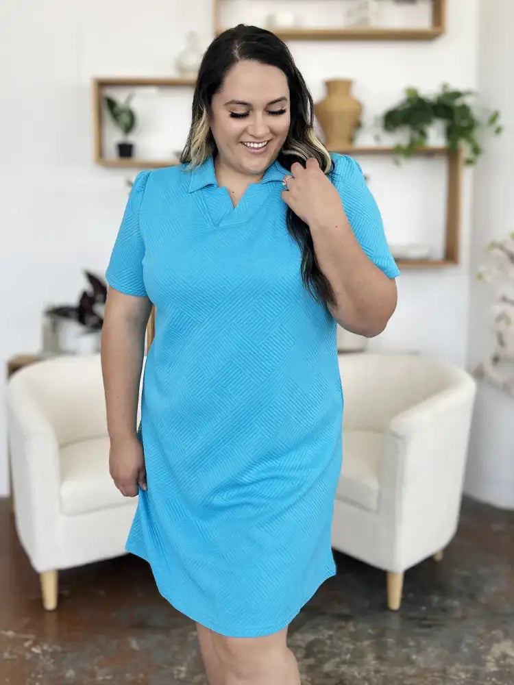 Double Take Full Size Texture Collared Neck Short Sleeve Dress