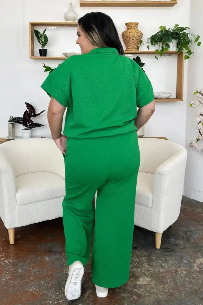 Double Take Full Size Texture Half Zip Short Sleeve Top and Pants Set