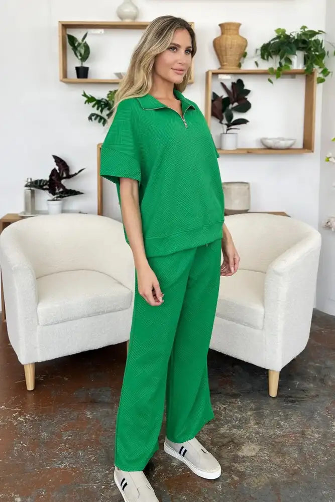 Double Take Full Size Texture Half Zip Short Sleeve Top and Pants Set
