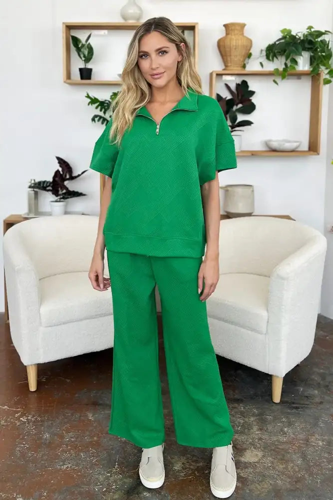 Double Take Full Size Texture Half Zip Short Sleeve Top and Pants Set
