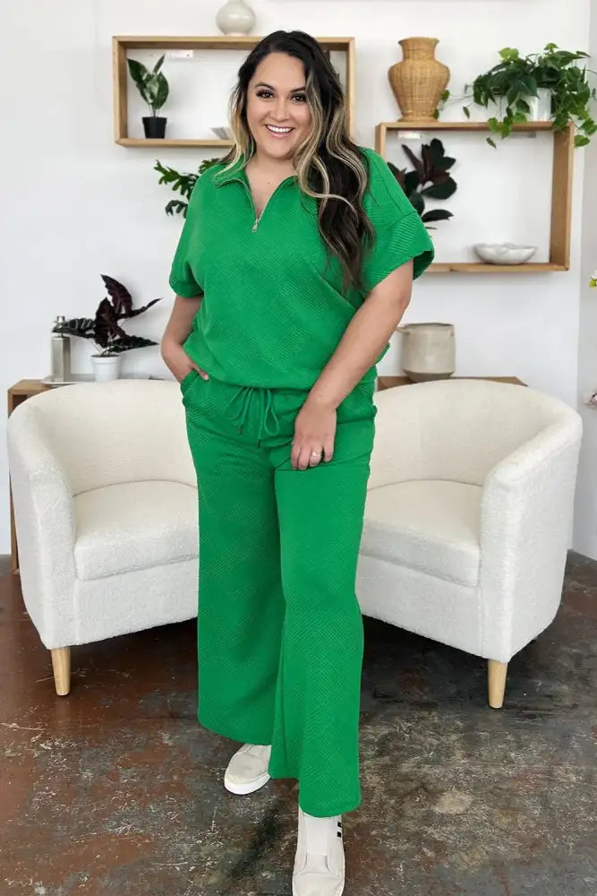 Double Take Full Size Texture Half Zip Short Sleeve Top and Pants Set