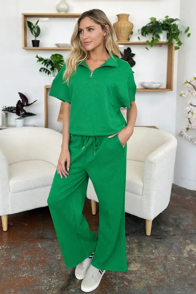 Double Take Full Size Texture Half Zip Short Sleeve Top and Pants Set
