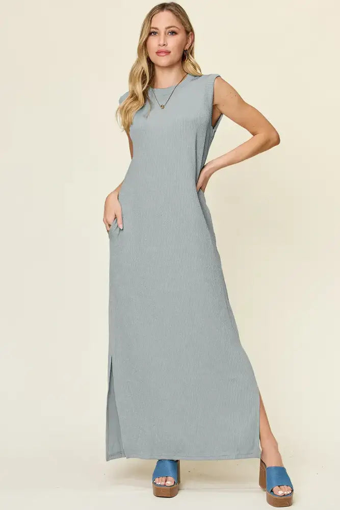 Double Take Full Size Texture Mock Neck Sleeveless Maxi Dress