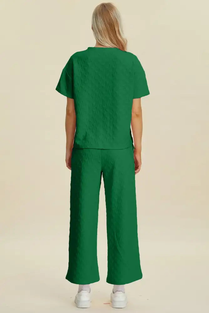 Double Take Full Size Texture Round Neck Short Sleeve Top and Pants Set