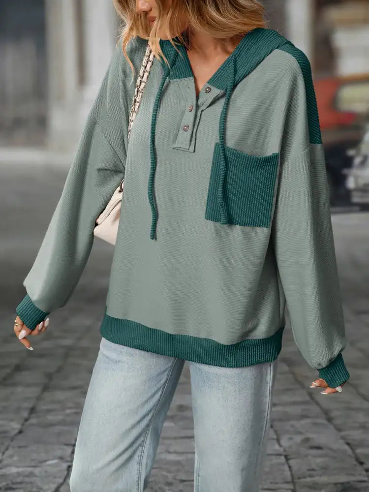 Drawstring Button Detail Long Sleeve Hoodie