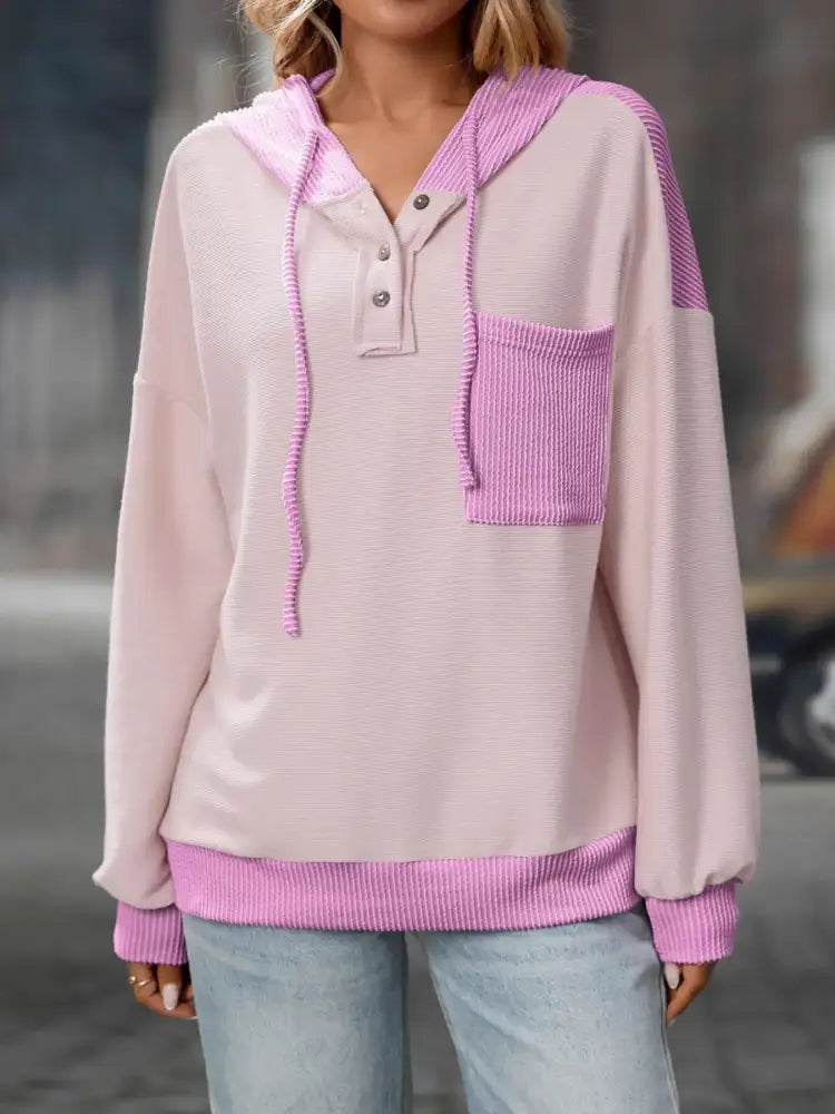 Drawstring Button Detail Long Sleeve Hoodie