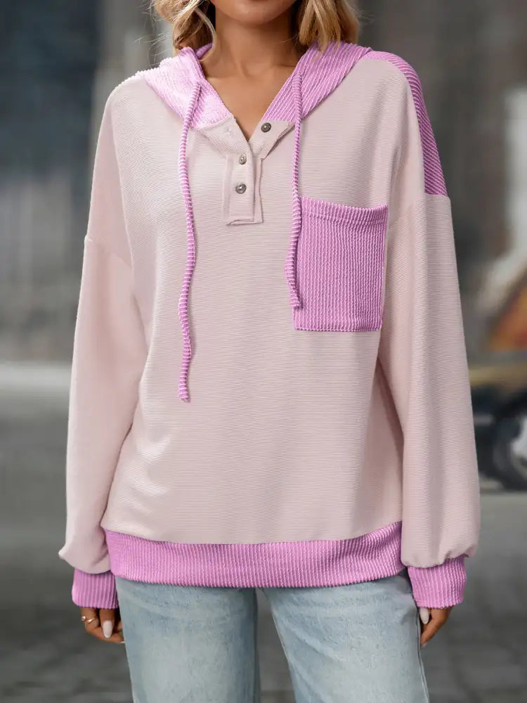 Drawstring Button Detail Long Sleeve Hoodie