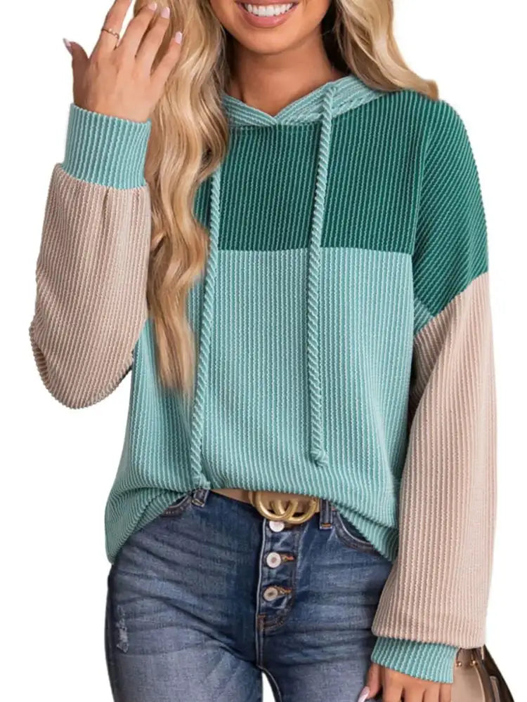 Drawstring Color Block Long Sleeve Hoodie