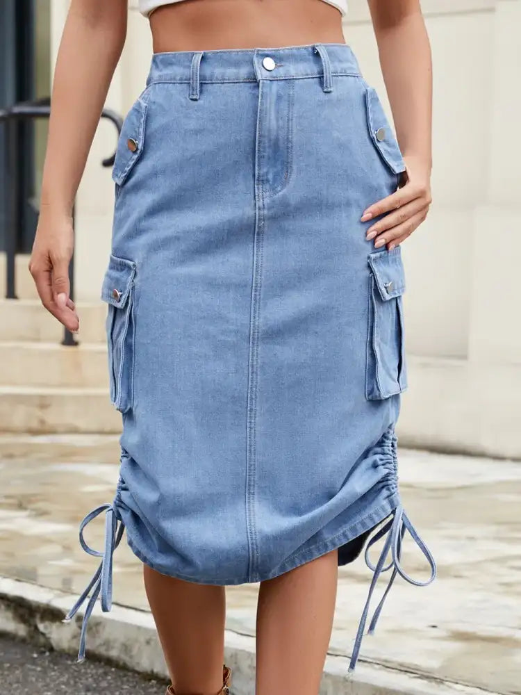 Drawstring Denim Skirt with Cargo Pockets